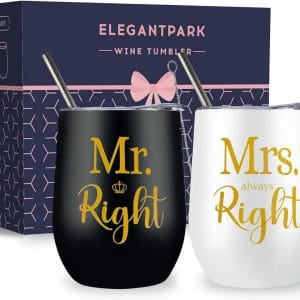 ELEGANTPARK Wedding Gifts for Couple Mr and Mrs Gifts Gift for Bride and Groom Cups Engagement Newlyweds Valentines Anniversary Mugs His & Hers Stainless Steel Wine Tumbler with Lid and Straw 12 OZ