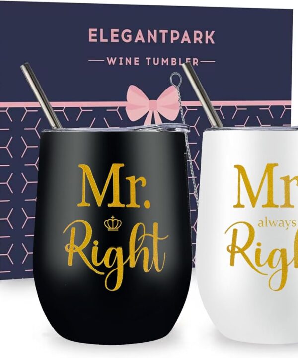 ELEGANTPARK Wedding Gifts for Couple Mr and Mrs Gifts Gift for Bride and Groom Cups Engagement Newlyweds Valentines Anniversary Mugs His & Hers Stainless Steel Wine Tumbler with Lid and Straw 12 OZ