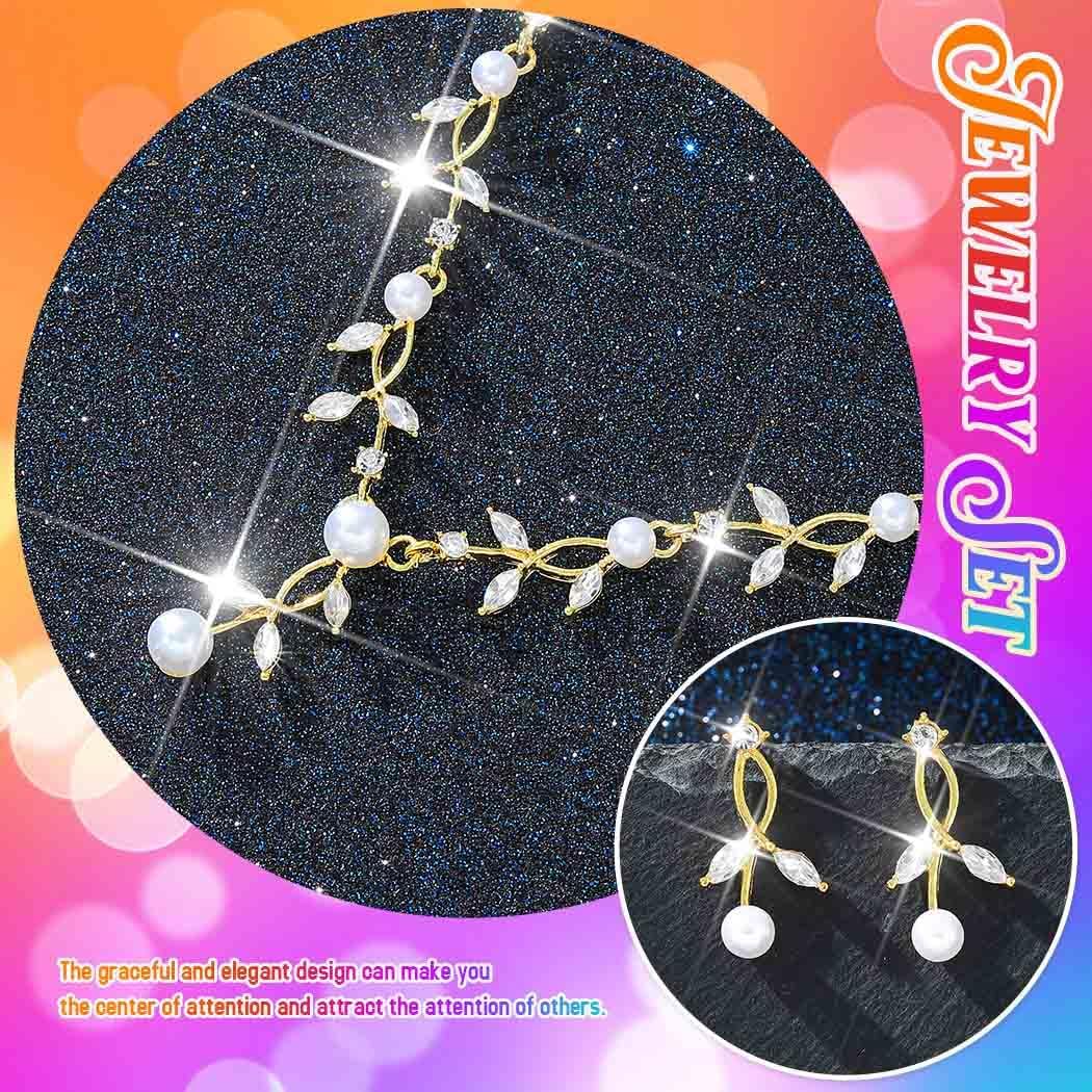 Unicra Gold Pearl Necklace Earrings Sets Rhinestone Bridal Wedding Jewelry Set Formal Prom Costume Jewelry Sets for Women and Brides