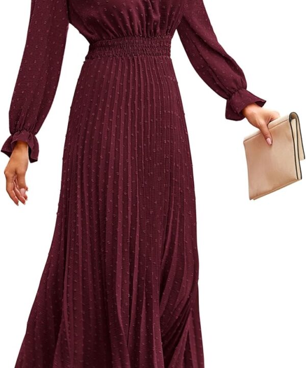 PRETTYGARDEN Women's 2025 Spring Fall Midi Dress Casual Long Sleeve V Neck Swiss Dot Pleated A Line Flowy Dresses