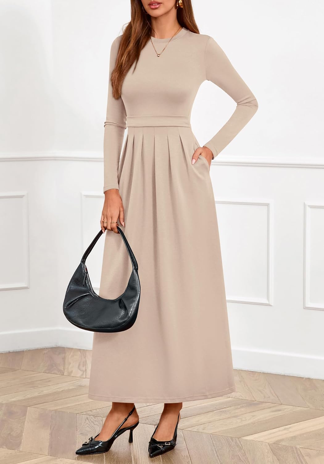 BTFBM Long Sleeve Dress for Women 2025 Winter Business Casual Clothes Pleated Fall Wedding Guest Dresses Pockets