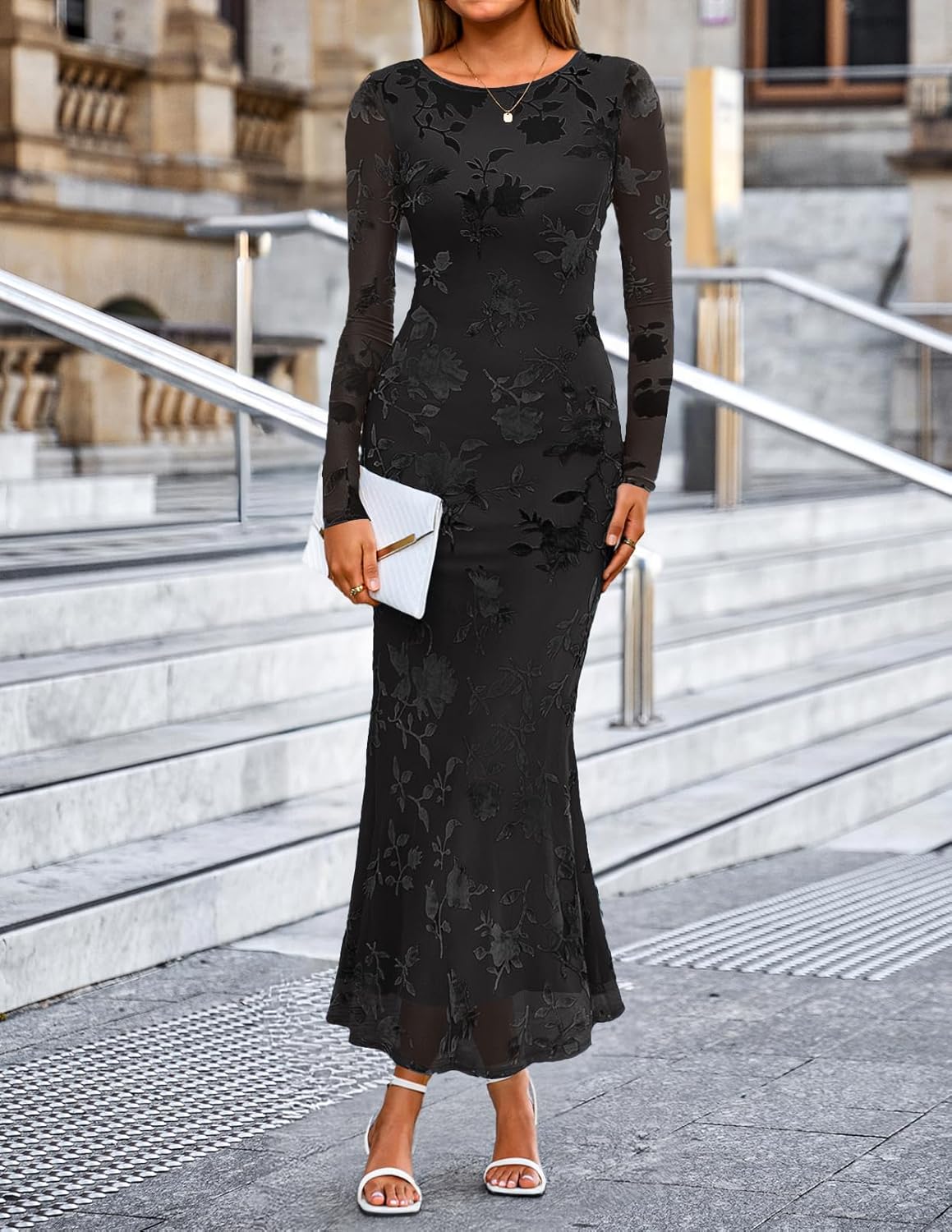 MEROKEETY Womens Fall Formal Wedding Guest Dress Long Sleeve Maxi Bodycon Floral Mesh Winter Cocktail Party Dresses