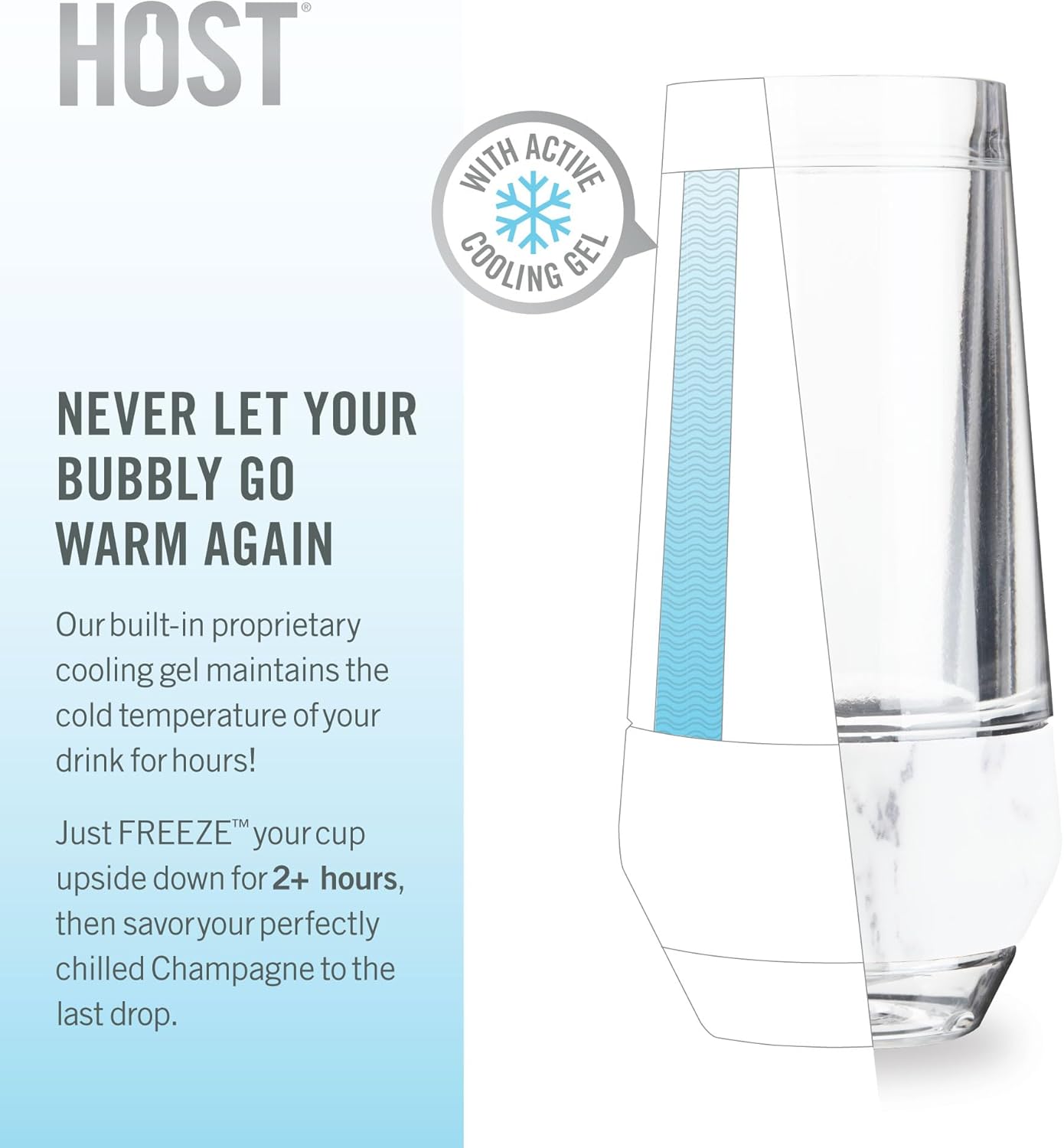 Host Champagne Freeze Stemless Chilling Wine Glasses, 9oz Set of 2, Freezer Cooling Cups, Insulated Flute Gifts for Women, For Mimosas, Prosecco and Bubbly, Marble