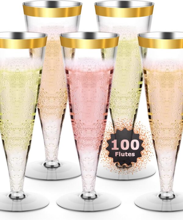 100 Pack Plastic Champagne Flutes Gold Rim Disposable Champagne Glasses, 4.5 Oz Mimosa Glasses Bulk Cocktail Toasting Cups for Party Supplies Wedding Bride Bar, Copas De Plastico Para Brindis