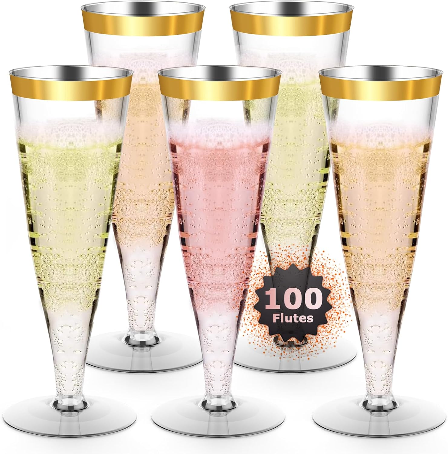 100 Pack Plastic Champagne Flutes Gold Rim Disposable Champagne Glasses, 4.5 Oz Mimosa Glasses Bulk Cocktail Toasting Cups for Party Supplies Wedding Bride Bar, Copas De Plastico Para Brindis