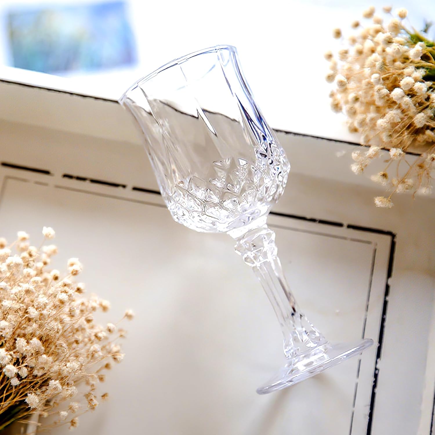 24 Pack 7 oz Plastic Wine Glasses with Stem, Vintage Crystal Clear Water Cordial Goblet Drinking Glasses, Unbreakable Reusable Drinkware for Wedding Reception Grand Event Party Bar Supplies