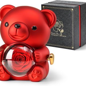 Cute Teddy Bear with Preserved Rose - A Real Rose Flower in Bear with Elegant Gift Box - Romantic Gift for Her in Mother's Day, Weddings, Anniversaries, and Bridal Showers (Red)