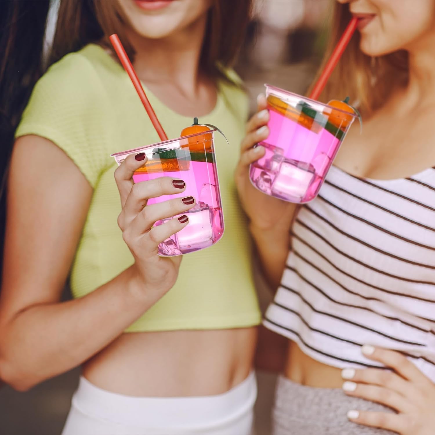 100 Pcs 12oz Plastic Pink Cups Disposable Stemless Wine Glasses Clear Cocktail & Dessert Cold Drinking Cups for Meeting Wedding Birthdays Summer Holiday Party Supplies