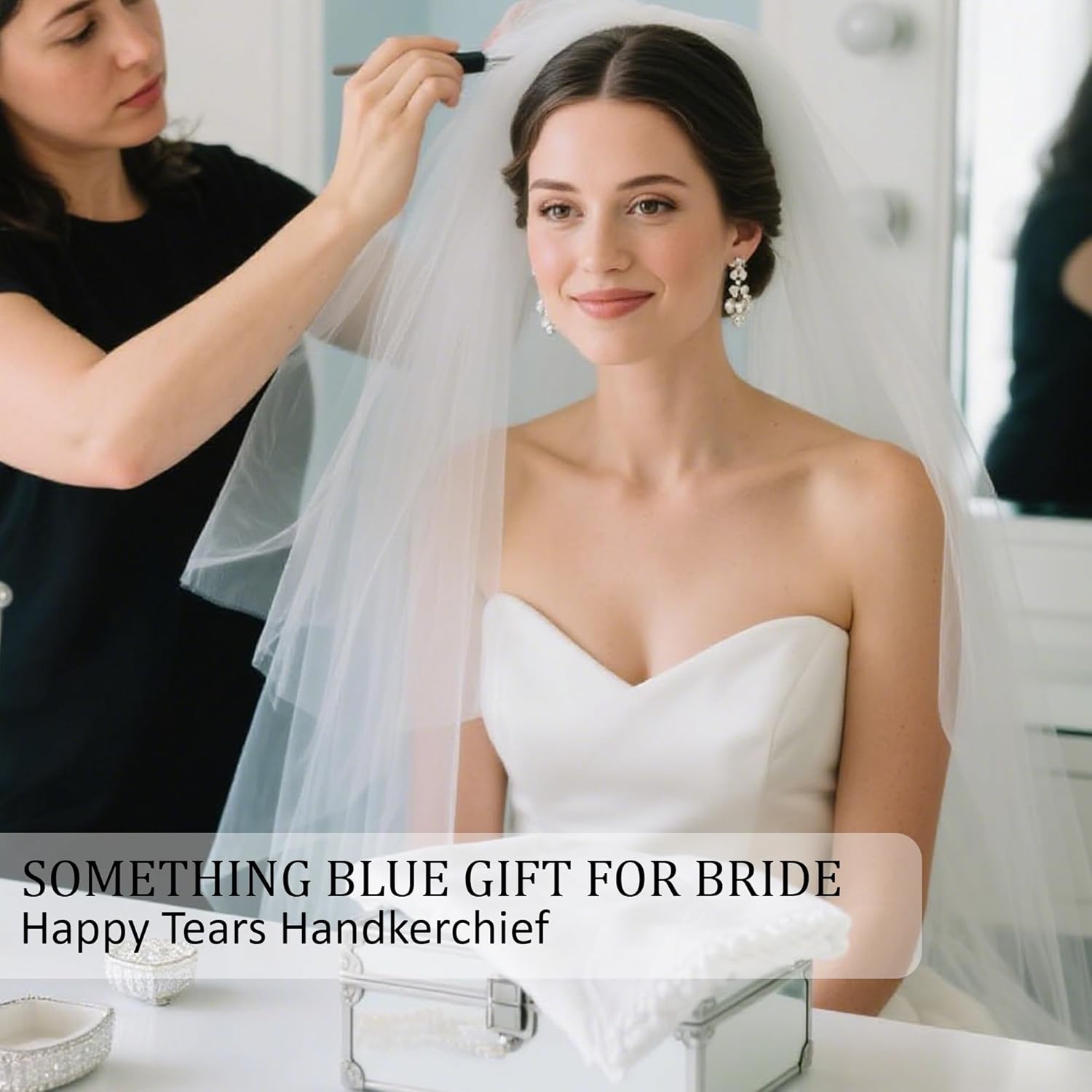 Lamyba Bride Gifts – Something Blue Gift for Bride, Wedding Handkerchief for bride Embroidered Happy Tears Keepsake Handkerchief, Bridal Shower Accessory (Blue/White)