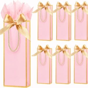 ZJHiome 6 Pack Wine Gift Bags with Tissue Paper Wine Bottle Paper Bags with Bow Ribbon for Wedding Birthday Christmas Retirement Party Supplies (Pink)