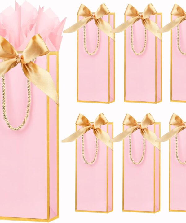 ZJHiome 6 Pack Wine Gift Bags with Tissue Paper Wine Bottle Paper Bags with Bow Ribbon for Wedding Birthday Christmas Retirement Party Supplies (Pink)