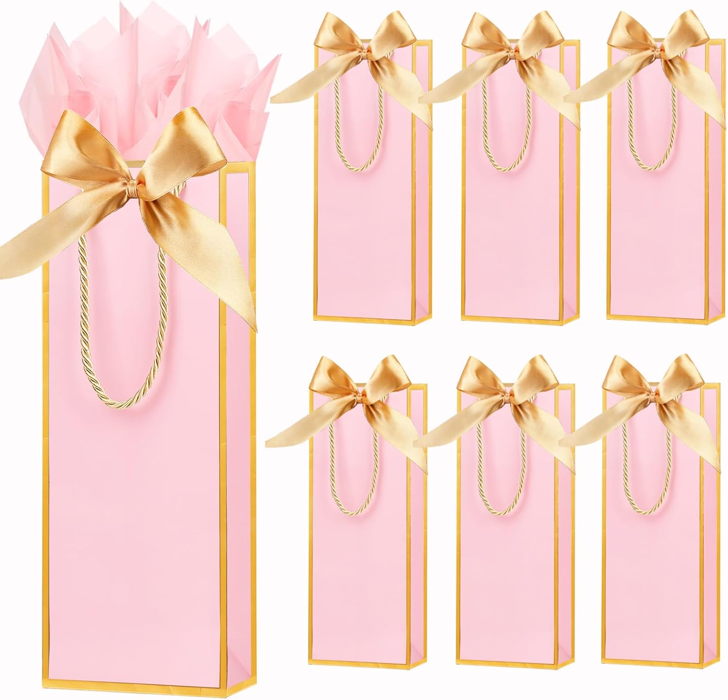 ZJHiome 6 Pack Wine Gift Bags with Tissue Paper Wine Bottle Paper Bags with Bow Ribbon for Wedding Birthday Christmas Retirement Party Supplies (Pink)