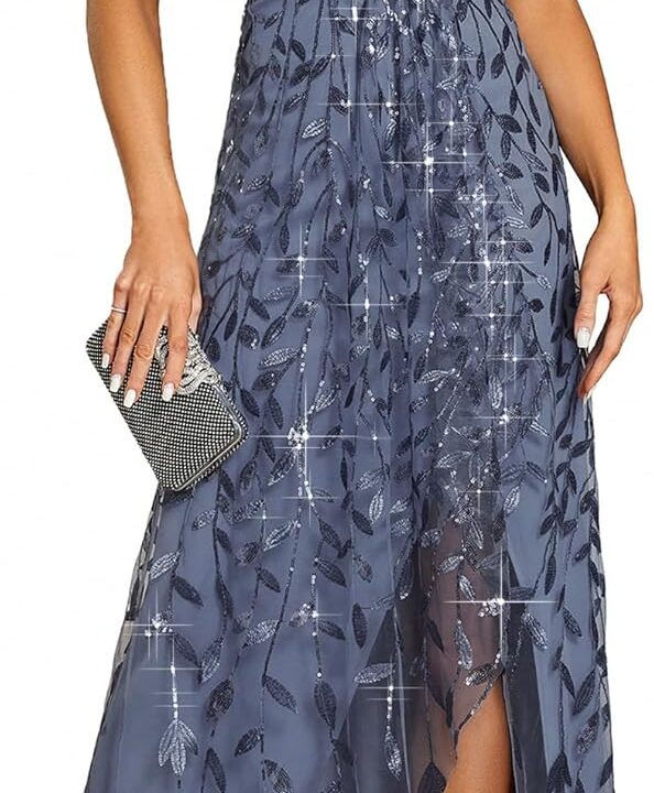 Ever-Pretty Women's Shimmery Formal Dress V Neck Sequins A-Line Side Slit Elegant Long Evening Dresses 02083