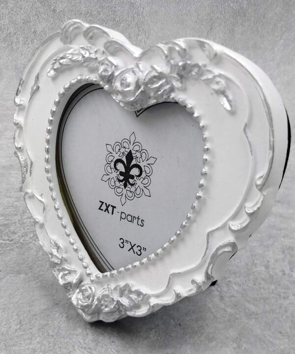ZXT-parts 3x3 Picture Frame Heart White and Silver Edge Frame. Resin Handmade Photo Frame. Glass Panel. Black Suede Cover.European Style Suitable for Wall or Desktop.