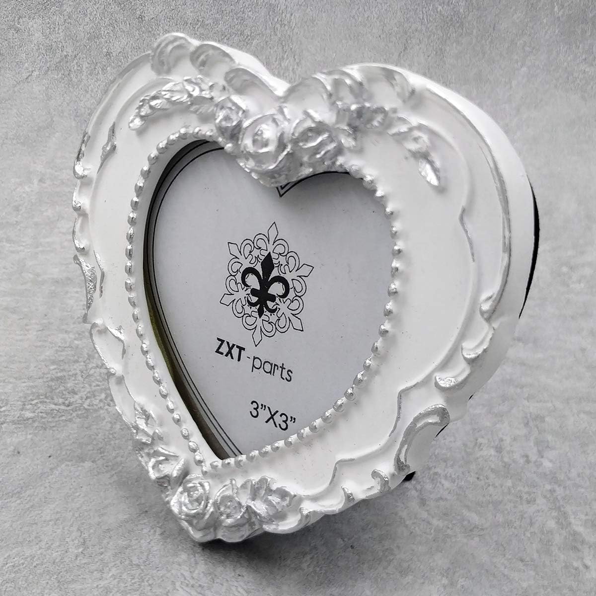 ZXT-parts 3x3 Picture Frame Heart White and Silver Edge Frame. Resin Handmade Photo Frame. Glass Panel. Black Suede Cover.European Style Suitable for Wall or Desktop.