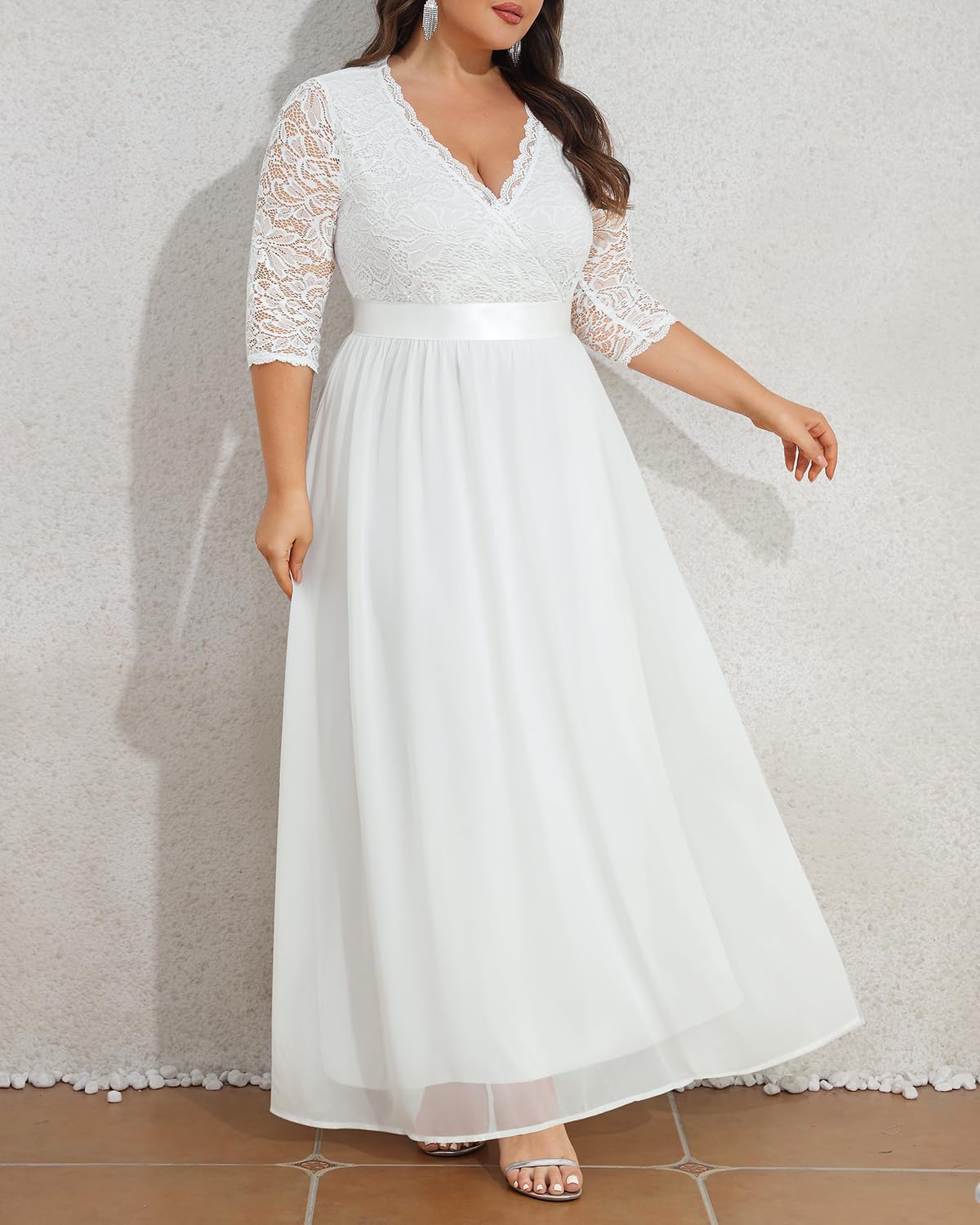 Pinup Fashion Wedding Dresses for Bride Plus Size – Formal Evening Gown Wrap Neck Lace Chiffon Long Dress