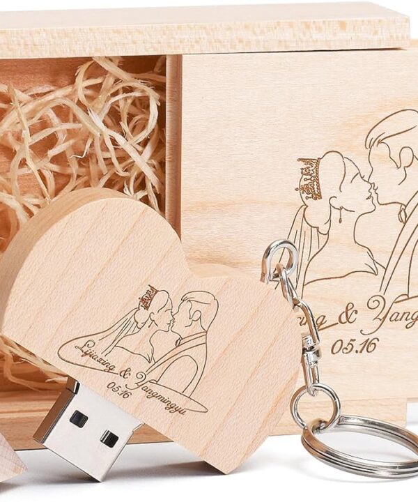 Personalized Custom Heart-Shape USB 3.0 Flash Drive with Wooden Box, 64GB Wedding Thumb Drive with Linen Bag, Maple Wood Memory Stick, Engraved/Printed Your Logo & Text for Couple/Parent/Photography