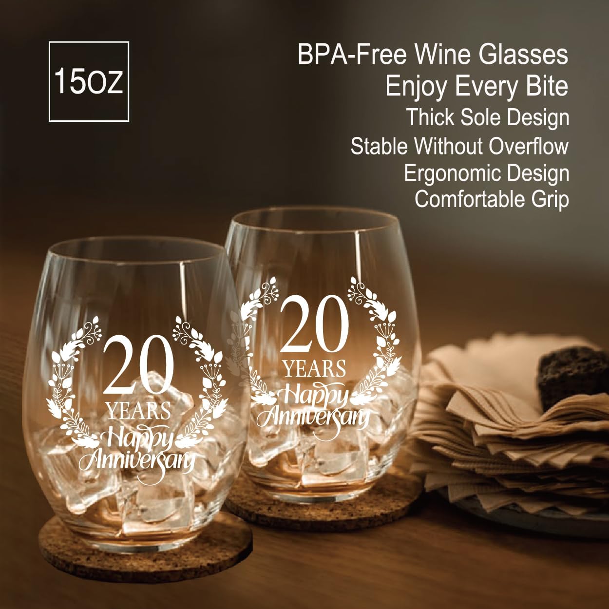 Perfectinsoy 20 Years Happy Anniversary Wine Glass Set of 2, Happy 20th Anniversary Wedding Gifts for Mom, Dad, Wife, Soulmate, Couple, Funny Vintage Unique Personalized, 20 Years Gifts