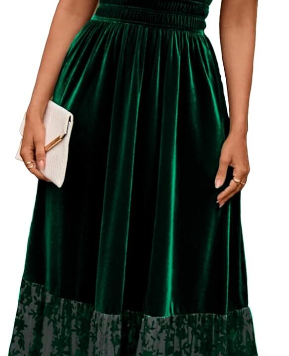 Simplee Women's Formal Velvet Maxi Dress Fall Winter V Neck Floral Short Sleeve Empire Waist Wedding Guest Dresses