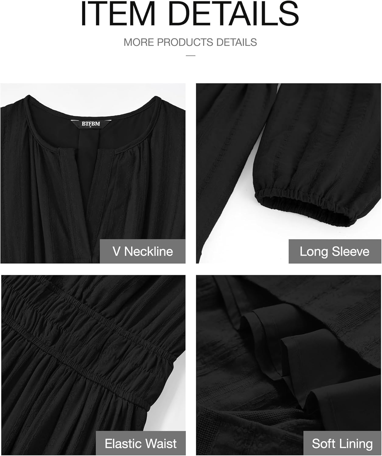 BTFBM Fall Dresses for Women 2025 Casual Long Sleeve V Neck Elastic Waist Lightweight Maxi Wedding Guest Dress Pockets