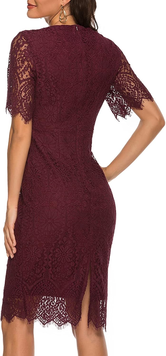 MEROKEETY Womens Short Sleeve Lace Floral Cocktail Dress Crew Neck Knee Length for Party