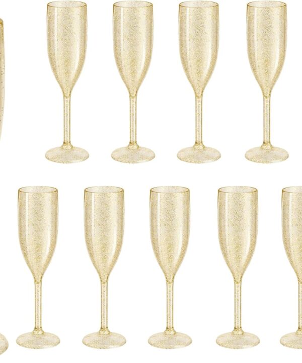 12Pcs Plastic Champagne Flutes, Gold champagne Glasses for Wedding，disposable wine glasses for Party Mimosa Bar Anniversary Event Drinks