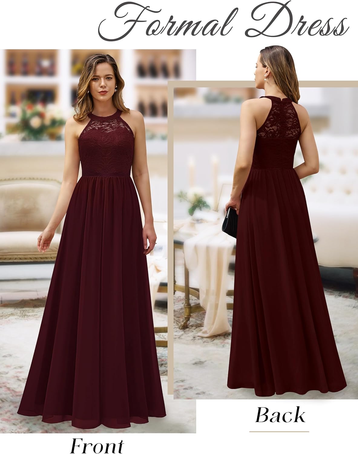 Wedtrend Womens Formal Dress, Halter Long Prom Dress Floral Lace Bridesmaid Dresses