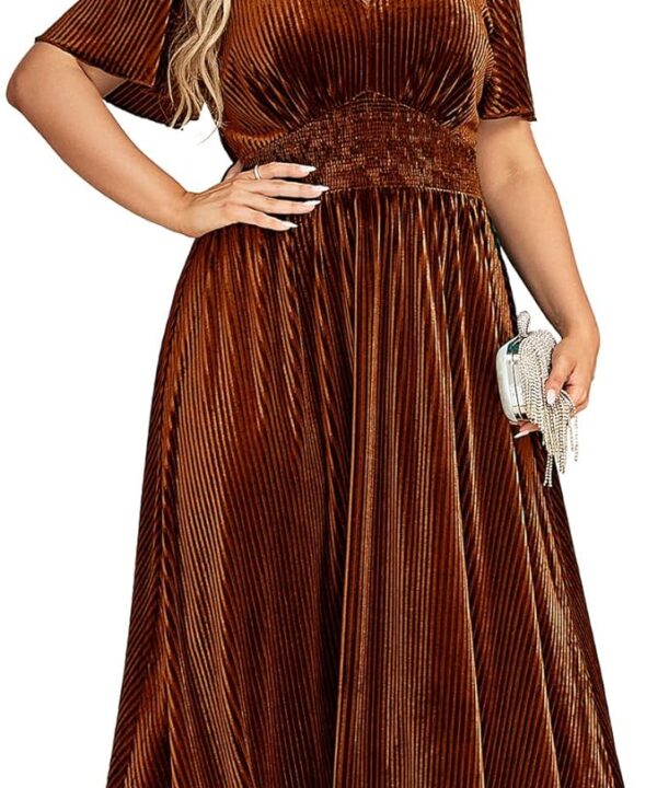 Simplee Women’s V Neck Velvet Maxi Dress Short Sleeve Empire Waist Long Formal Dress for Wedding Guest