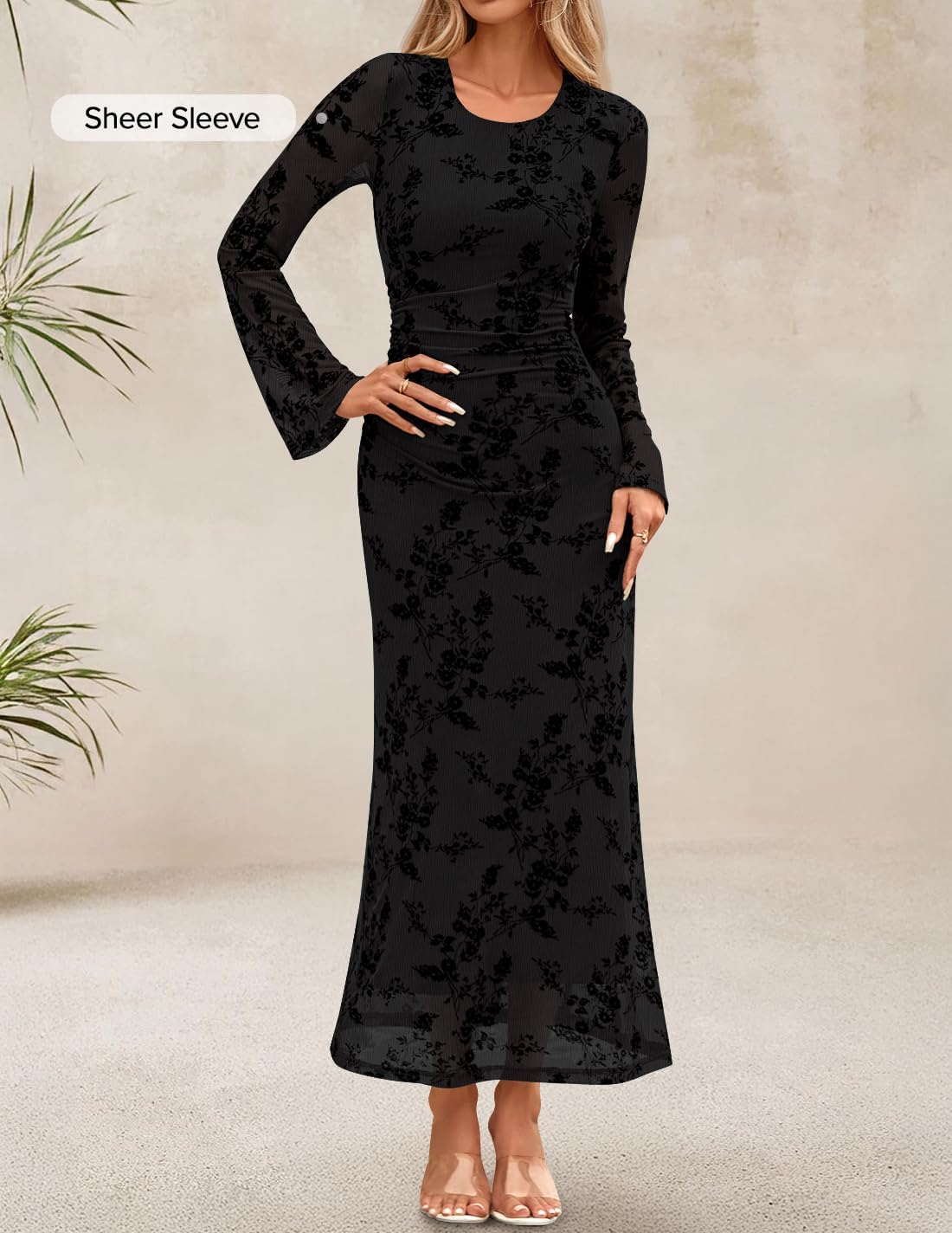 ZESICA Women’s Long Sleeve Floral Bodycon Dress 2025 Fall Fashion Ruched Mesh Wedding Guest Cocktail Party Maxi Dresses