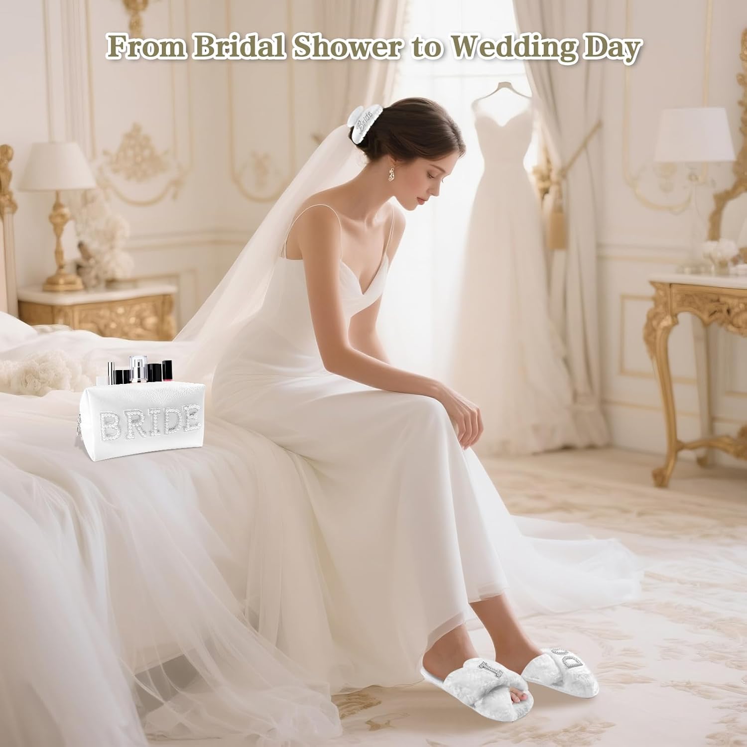 Bridal Shower Gifts, Bride To Be Gift Set, Wedding Gifts for Bride, Bachelorette Gifts for Bride, Engagement Gift for Her, Bachelor Party Christmas Gifts, Makeup Bag, I DO Slippers, Hair Clip