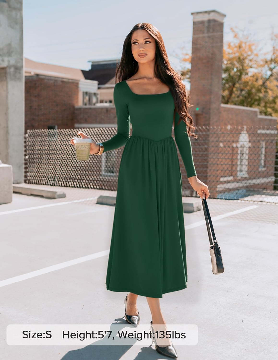 ZESICA Fall Dresses for Women 2025 Elegant Classy Square Neck Long Sleeve Flowy Wedding Guest Party Midi Dress