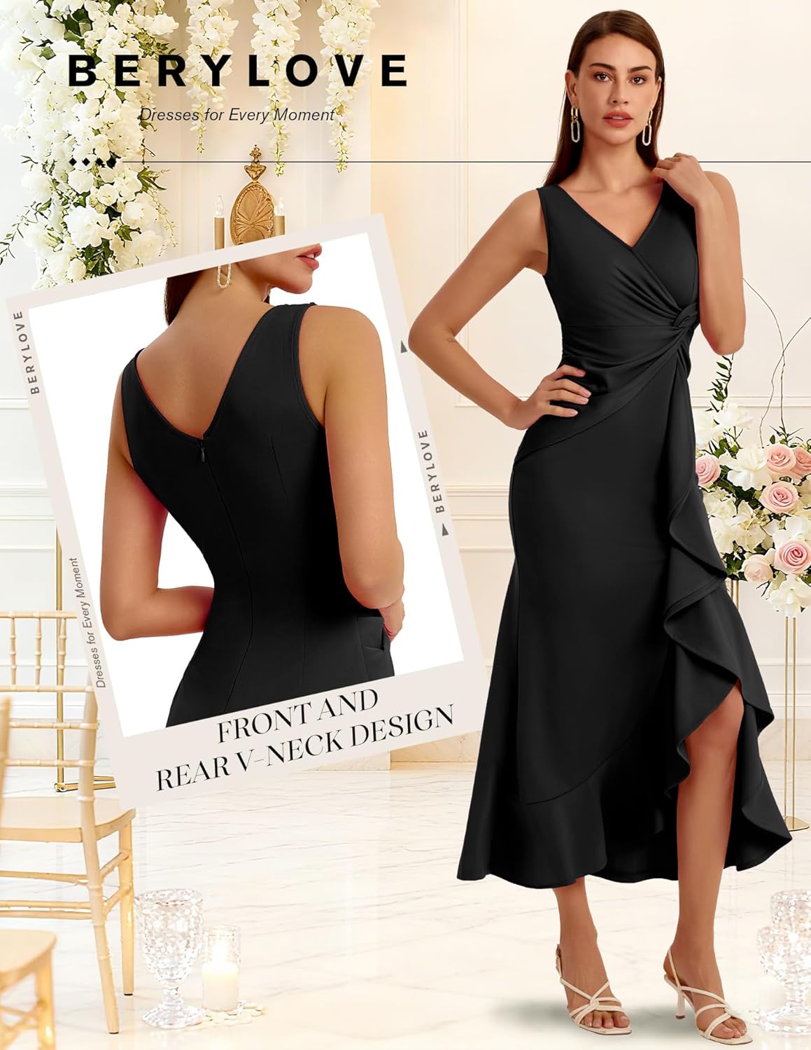 BeryLove Formal Wedding Guest Evening Midi Ruffle Dresses Cocktail Elegant Dress