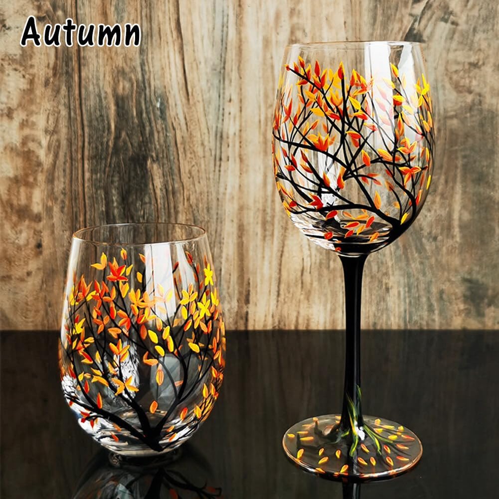 Grehge and Painted Wine Glass Four Seasons Tree Wine Glasses Fall Leaves Flower Seasons Colored Wine Glasses for Wine Cocktails Novelty Gift for Birthdays Weddings(Stemless glass)