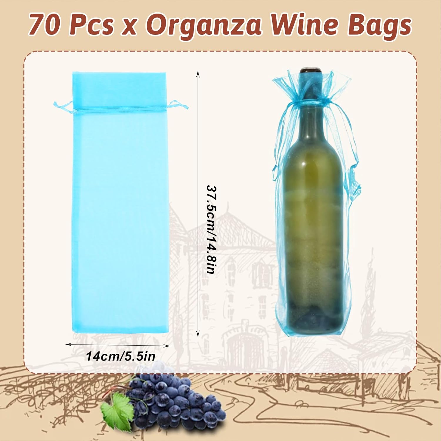cobee 70 Pcs Organza Wine Bags, Sheer Mesh Wine Gift Pouches 14.6 x 5.5 inches Bottle Covers Drawstring Gift Wrap Bags Dresses for Wedding Tasting Party Favors Samples Display Decoration Christmas