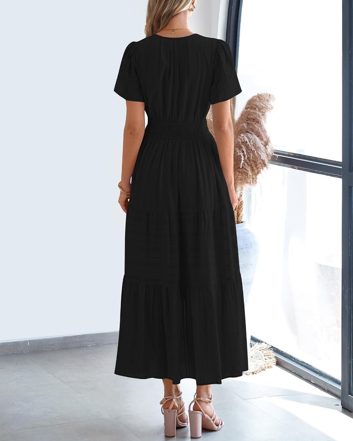 BTFBM Womens Summer 2025 Casual Midi Maxi Dresses Lightweight Short Sleeve V Neck Elastic Waist Boho Beach Dress Pockets