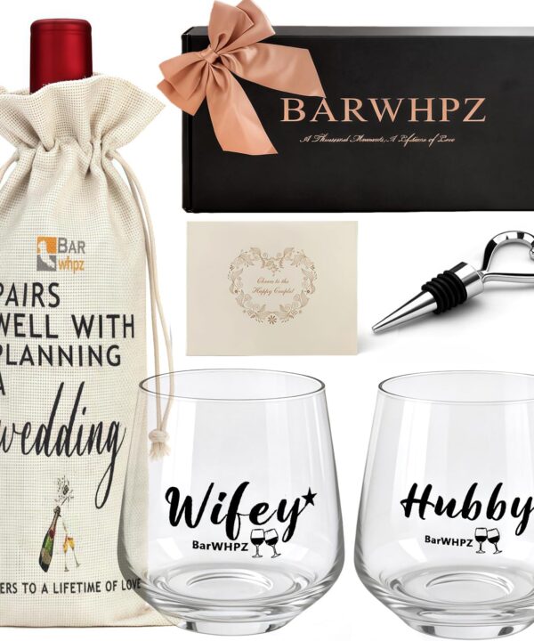 Dishwasher-Safe Non-Fading Hubby & Wifey Wine Glasses Set with Wine Stopper, Gift Bag & Card, Wedding Engagement & Anniversary Present for Couples