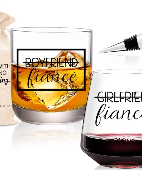 Engagement Gift Set - 4 Pcs Newly Engaged Gifts for Couple, Bride, Fiance - Party Gifts With Wine Bag and Diamond Wine Stopper