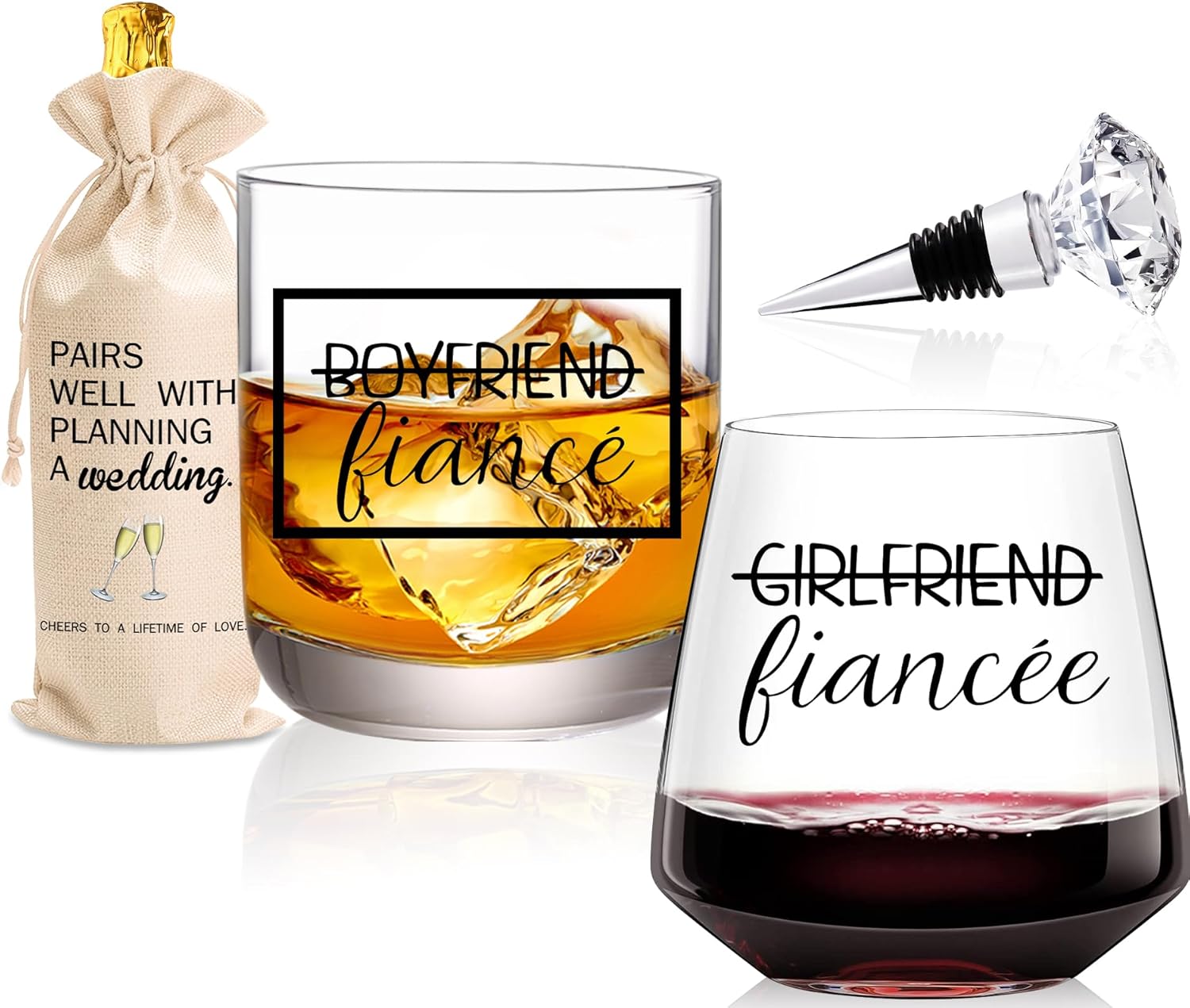 Engagement Gift Set - 4 Pcs Newly Engaged Gifts for Couple, Bride, Fiance - Party Gifts With Wine Bag and Diamond Wine Stopper