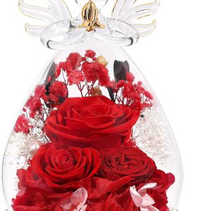 Gifts for Women Preserved Rose Forever Flower in Glass Angel Figurines Fresh Flowers for Delivery Prime Mothers Day Birthday Gifts for Mom Real Red Roses for Grandma Sister Wife Her from Daughter