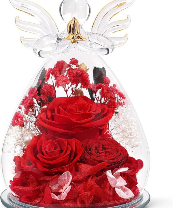 Gifts for Women Preserved Rose Forever Flower in Glass Angel Figurines Fresh Flowers for Delivery Prime Mothers Day Birthday Gifts for Mom Real Red Roses for Grandma Sister Wife Her from Daughter