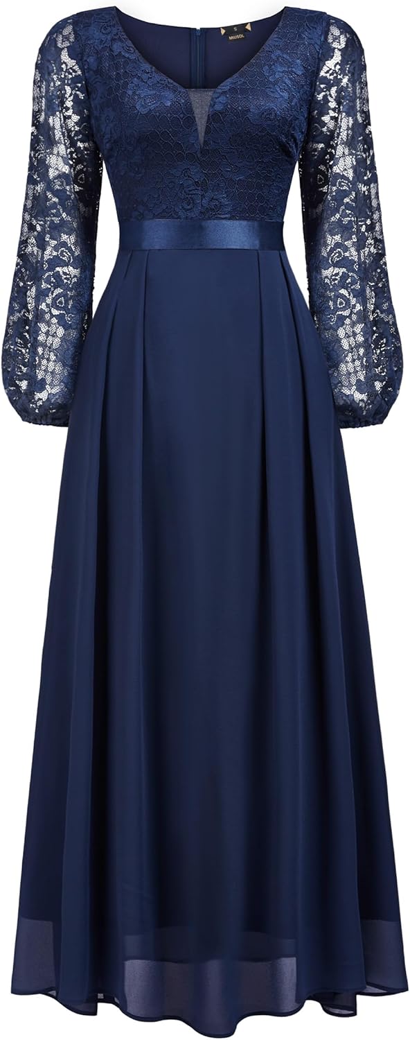 Miusol Womens Wedding Guest A-Line Dress Floral Lace Deep V Neck Long Sleeve Formal Evening Gown