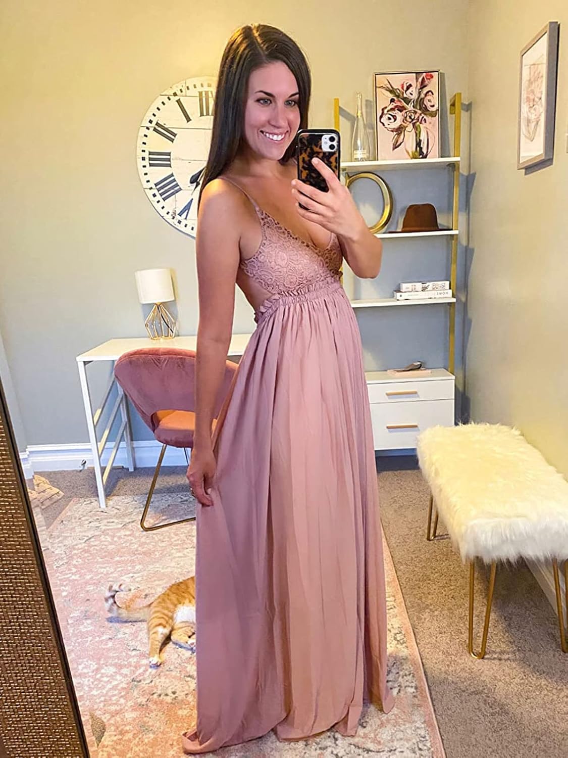 Ladmous Womens V Neck Floral Lace Wedding Dress Sleeveless Bridesmaid Evening Party Maxi Dress