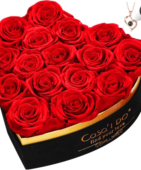 Preserved Roses Flowers for Delivery 16 Pcs, Forever Flores in Heart Box with Necklace, Eternal Rose Anniversary Birthday Gift for Women Wife Girlfriend, Rosas for Valentines Christmas, Red