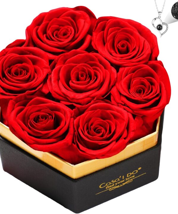 Preserved Roses Flowers for Delivery 7 Pcs, Forever Flores in a Box with Necklace, Eternal Rose Anniversary Birthday Gifts for Women Mom Wife Girlfriend, Rosas for Valentines Christmas, Red