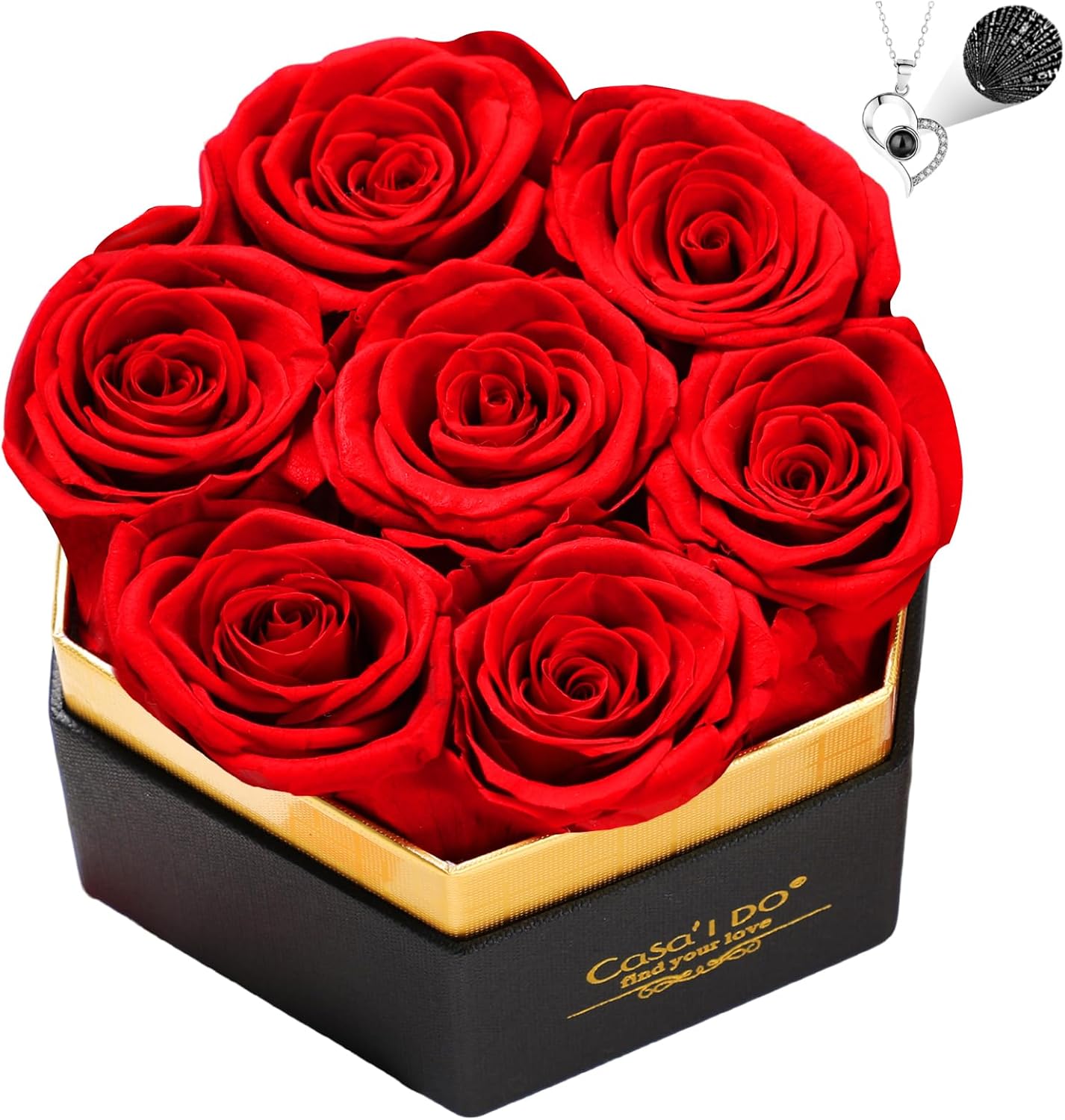 Preserved Roses Flowers for Delivery 7 Pcs, Forever Flores in a Box with Necklace, Eternal Rose Anniversary Birthday Gifts for Women Mom Wife Girlfriend, Rosas for Valentines Christmas, Red