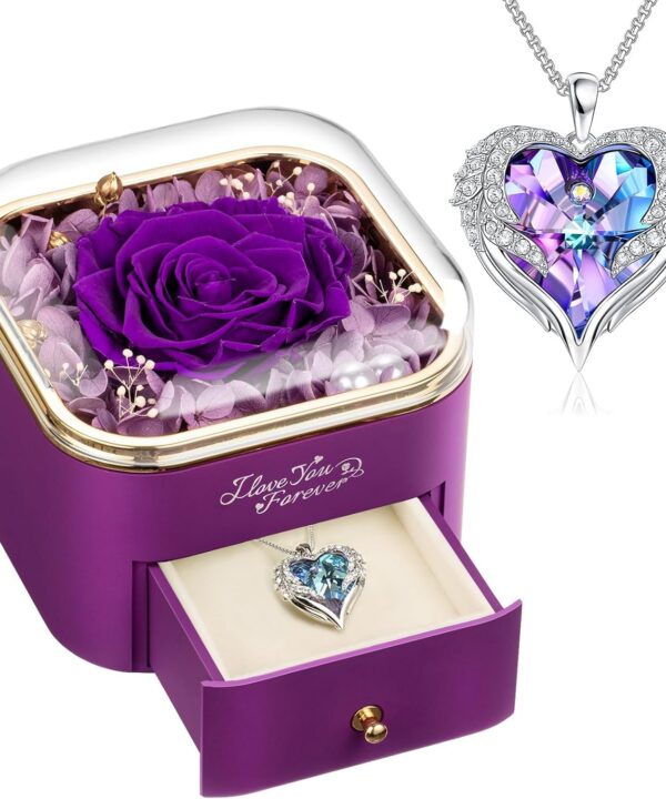 Preserved Real Purple Rose with Angle Wings Necklace, Forever Flowers Gifts for Mom Grandma Wife Girlfriend at Christmas Valentines, Anniversary Birthday Gifts for Women, I Love You Gifts for Her