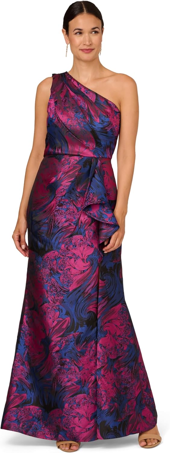 Adrianna Papell Womens One Shoulder Jacquard Gown