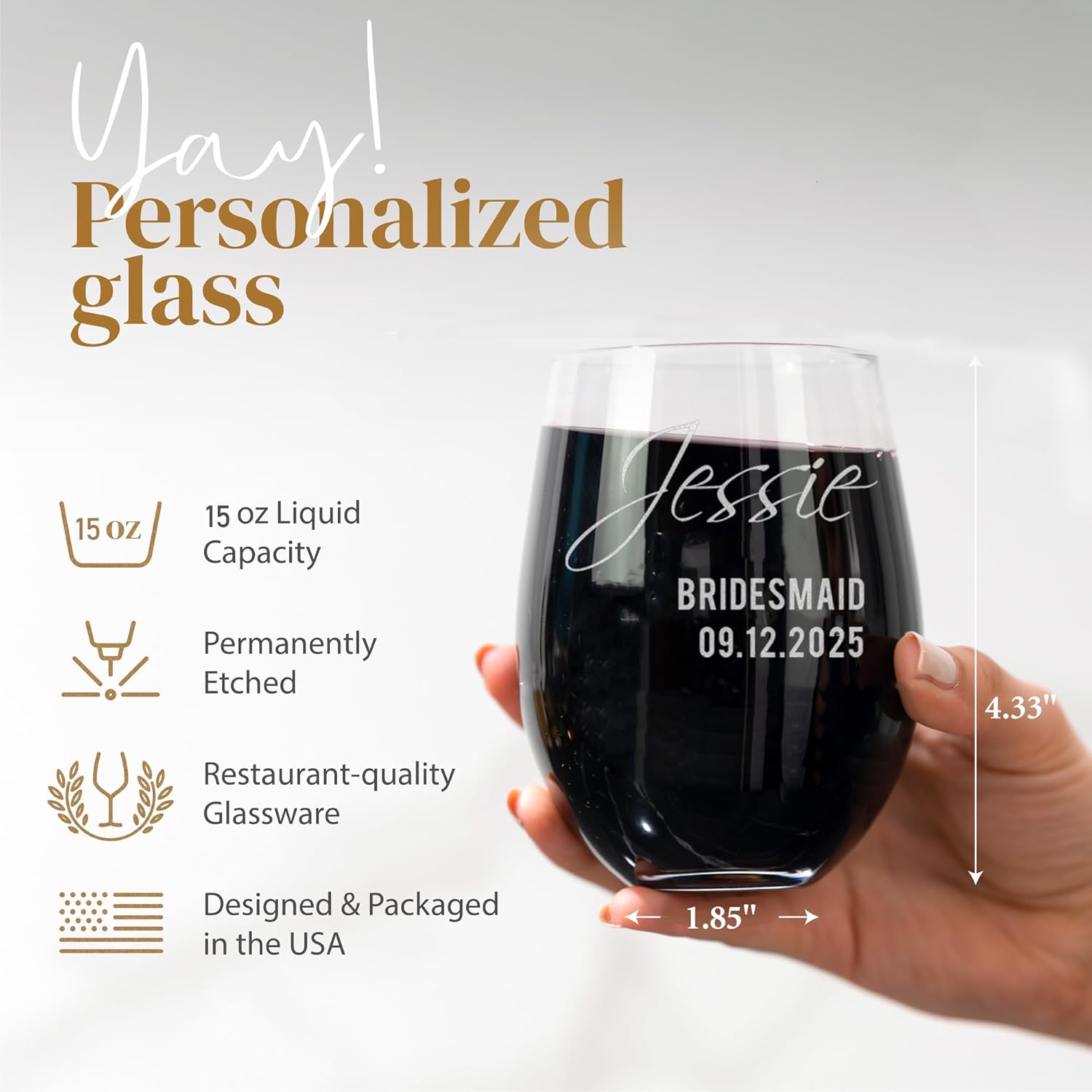 Personalized Wine Glasses Set, Custom 15oz Stemless Wine Glasses – Monogrammed Bridesmaids Wedding Glasses, Engraved Bride, Bridesmaid Gifts for Wedding Party (Wine-Stemless, 5 Pack)