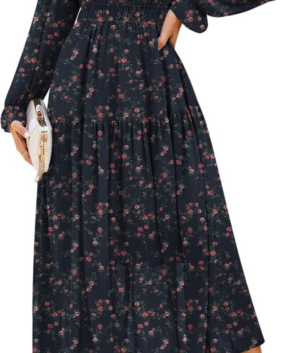 GRACE KARIN Women's Long Sleeve Maxi Dress Fall 2025 Chiffon Flowy Wedding Guest Dresses Floral Tiered Dress with Pockets