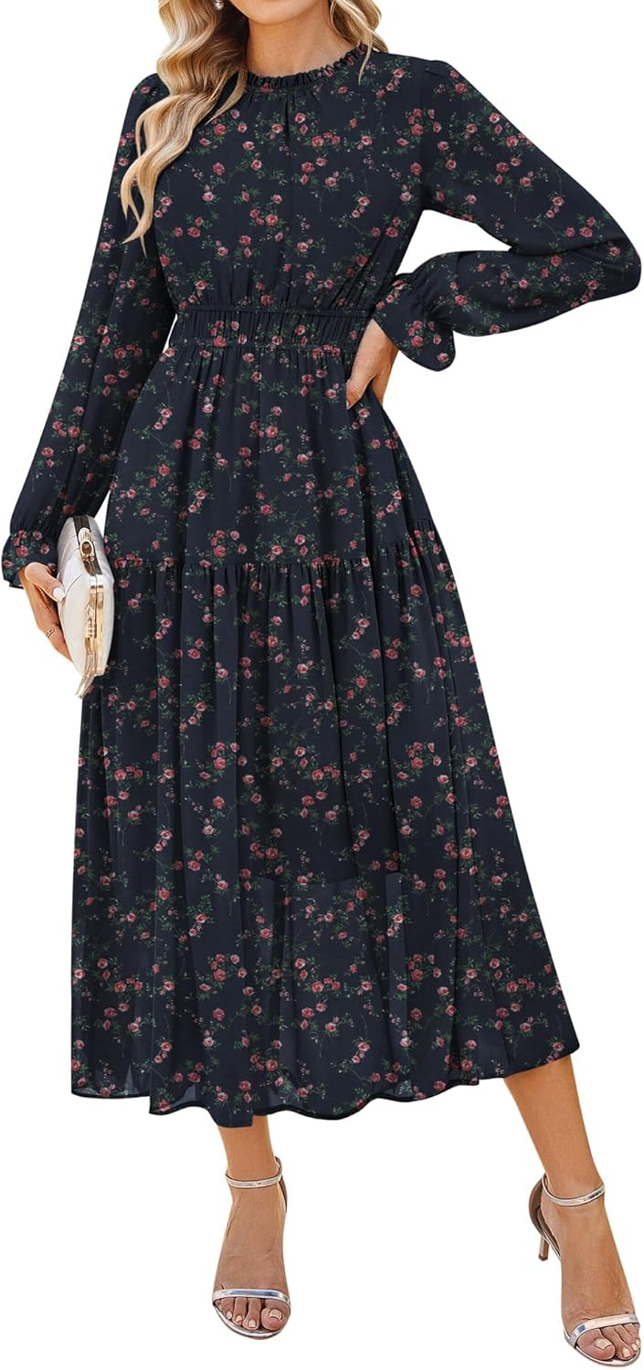 GRACE KARIN Women's Long Sleeve Maxi Dress Fall 2025 Chiffon Flowy Wedding Guest Dresses Floral Tiered Dress with Pockets